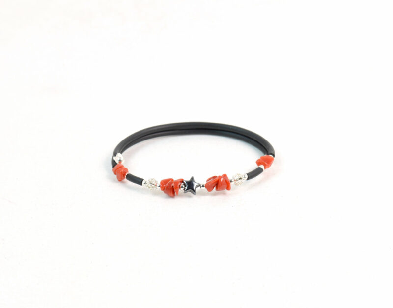 Bracciale a molla in Caucciù con Corallo, Ematite e Argento 925 - immagine 2