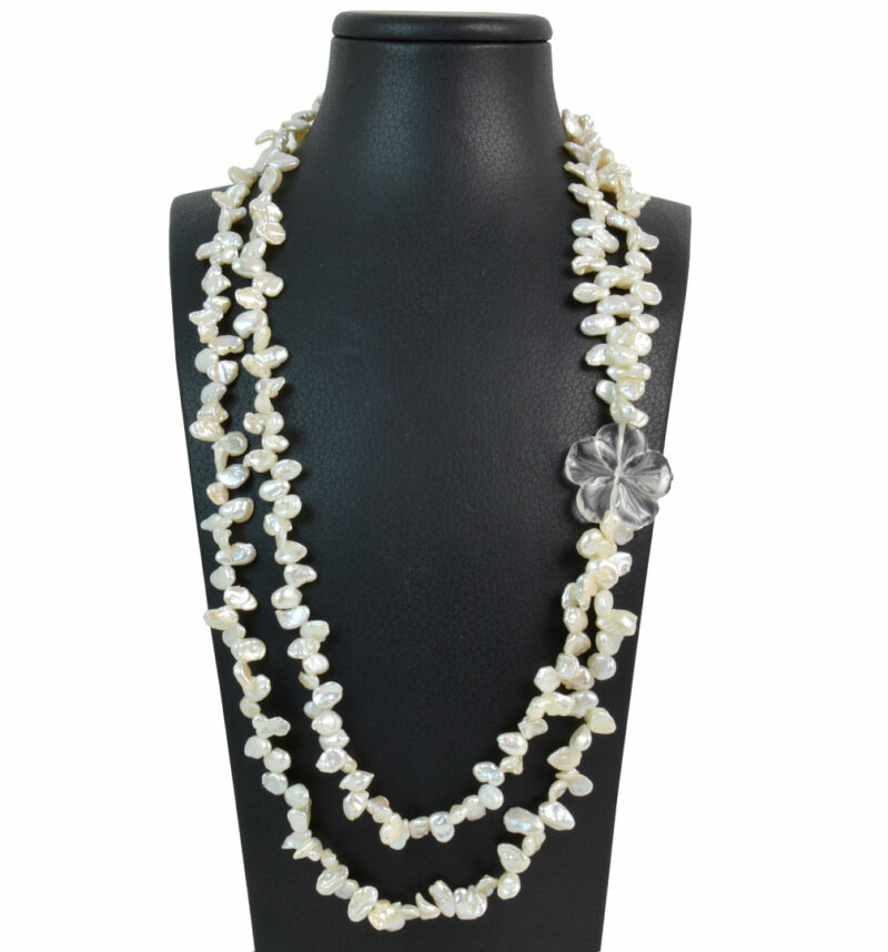 Collana due fili in Perle,Cristallo di Rocca e chiusura in Argento 925