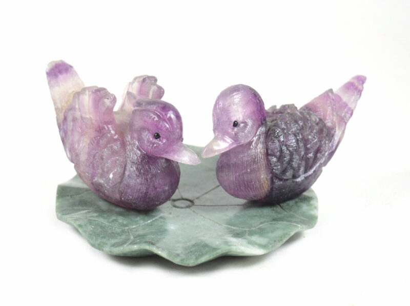 Paperi in Fluorite su Foglia di Giada. Soprammobile, Idea Regalo
